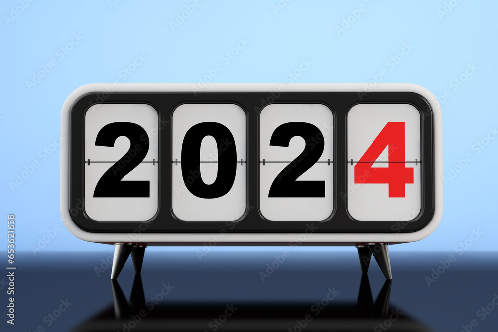 Poster retro flip clock with 2024 new year sign. 3d rendering