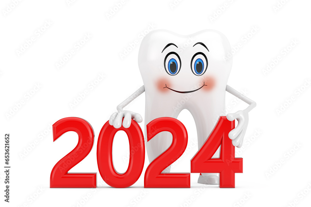 Poster white tooth person character mascot with red 2024 new year sign. 3d rendering