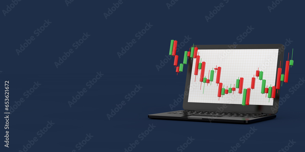 Poster green and red trading financial candlesticks pattern chart in front of modern laptop notebook comput