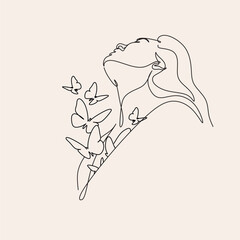 Abstract face with butterfly one line drawing. Portrait minimalistic style. Surreal Faces Continuous line, drawing of set faces and hairstyle, fashion concept, woman beauty