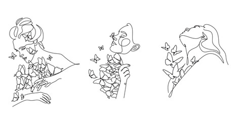 Abstract woman face with butterfly line drawing