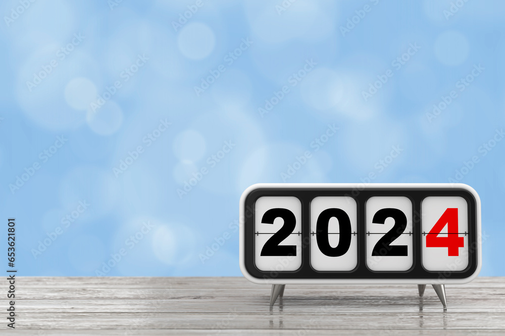 Poster retro flip clock with 2024 new year sign. 3d rendering