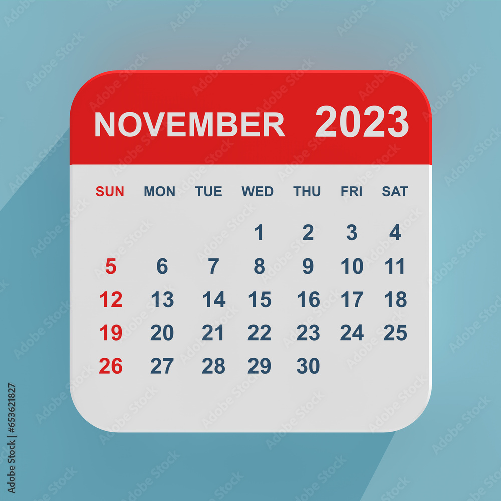 Aufkleber Flat Icon Calendar November 2023. 3d Rendering