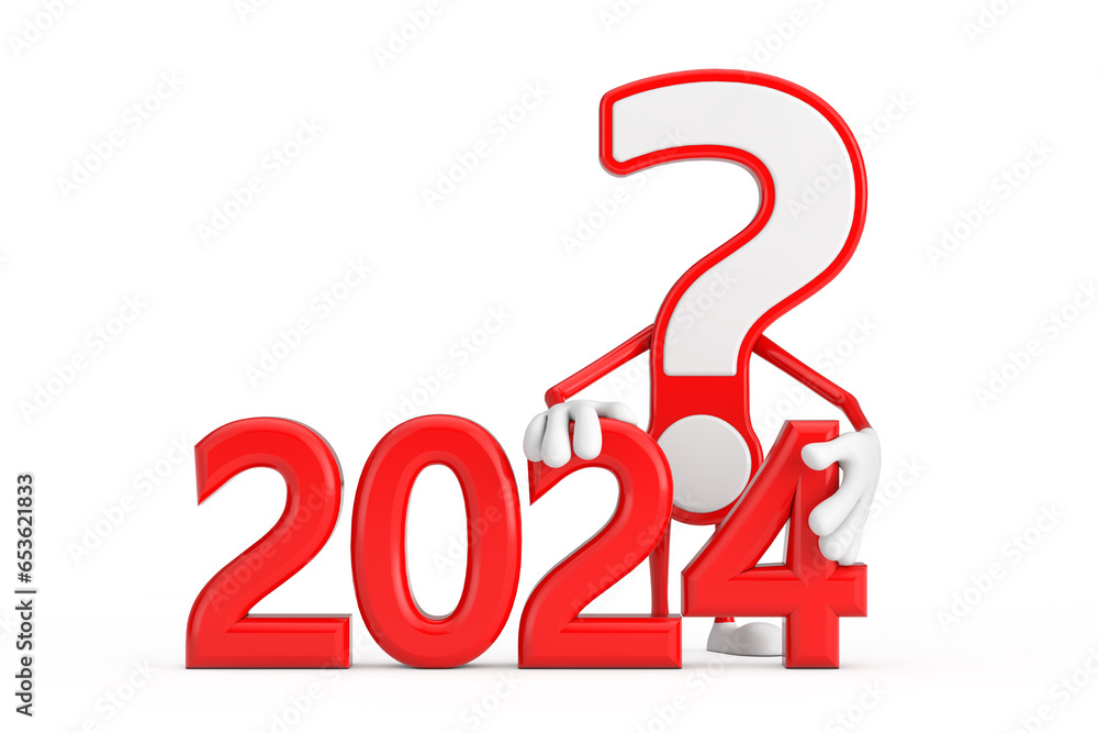Aufkleber question mark sign cartoon character person mascot with red 2024 new year sign. 3d rendering