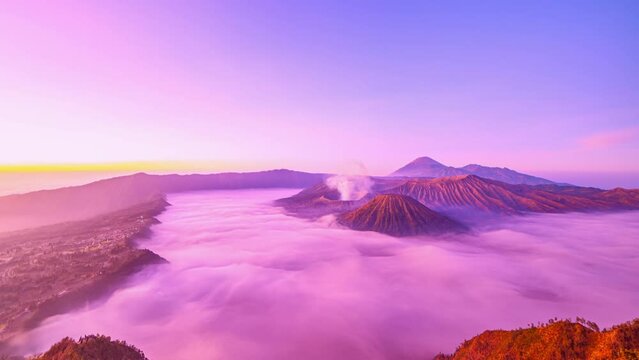 Amazing Mount Bromo volcano during sunrise from king kong viewpoint on Mountain Penanjakan in Bromo Tengger Semeru National Park,East Java,Indonesia.Nature landscape background,Timelapse shot