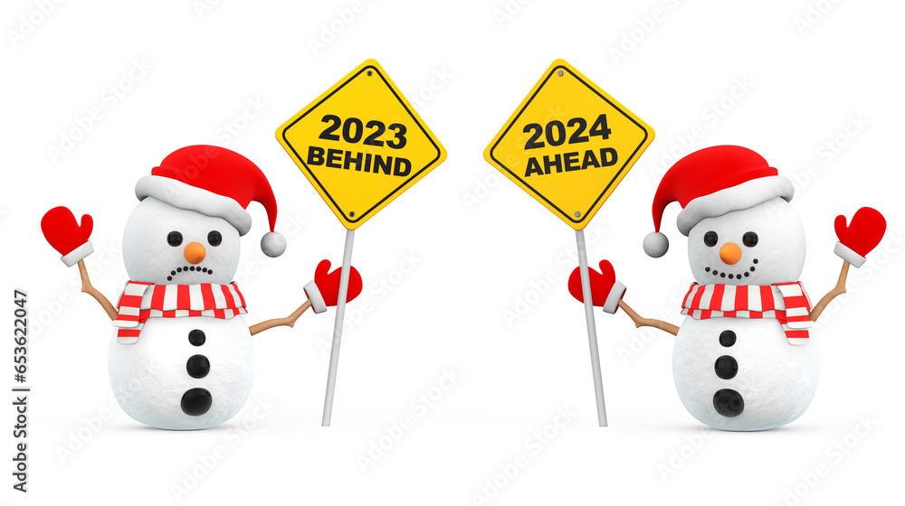 Aufkleber Snowmans with 2023 and 2024 Year Signs. 3d Rendering