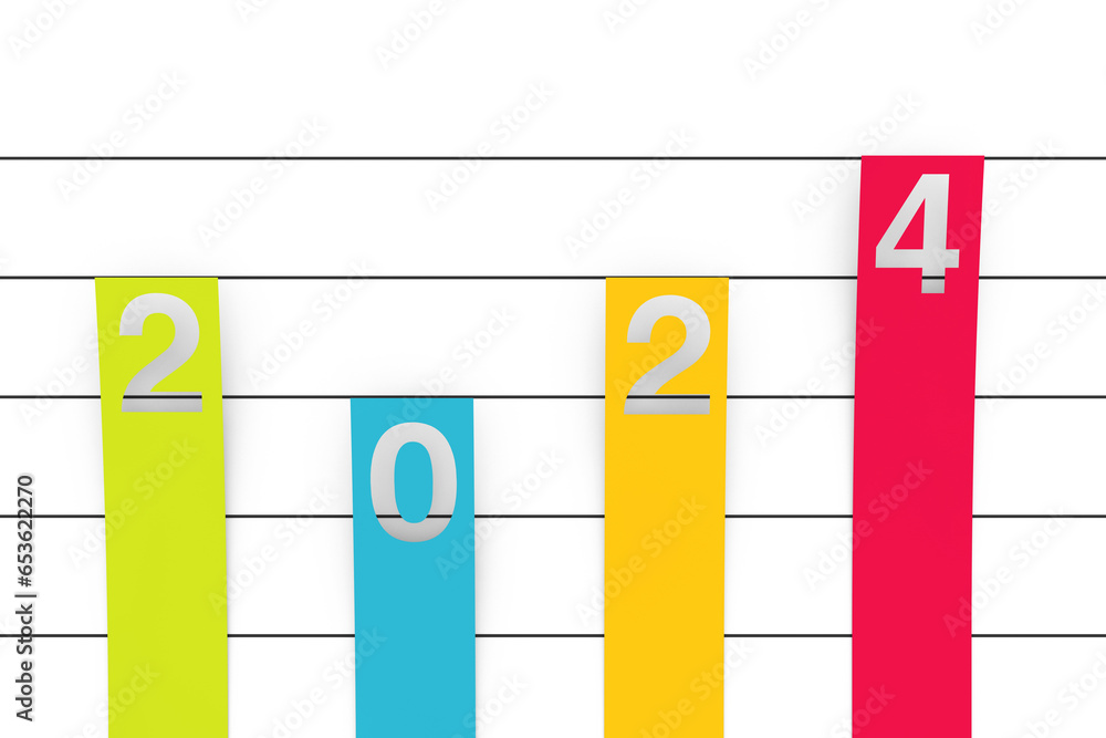 Poster colour column flat graph chart infographics paper elements with 2020 new year sign. 3d rendering