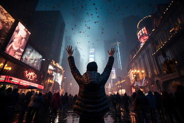 Crowd of people celebrating New Year eve in Times Square, Manhattan, New York - Generative AI - obrazy, fototapety, plakaty