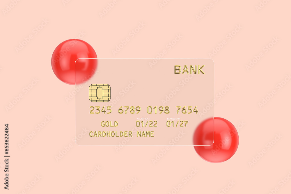Poster transparent plastic golden credit card design with chip. 3d rendering