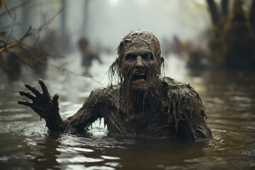 A zombie emerging from a misty swamp, its decaying flesh and outstretched arms creating a chilling...