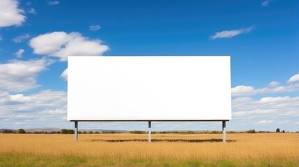 Empty white billboard stands field of wheat, against backdrop of blue sky. Mock up. Copy space banner background for advertising.