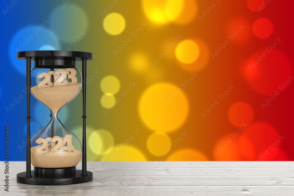 Aufkleber new 2024 year concept. sand falling in hourglass taking the shape from 2023 to 2024 year. 3d renderi
