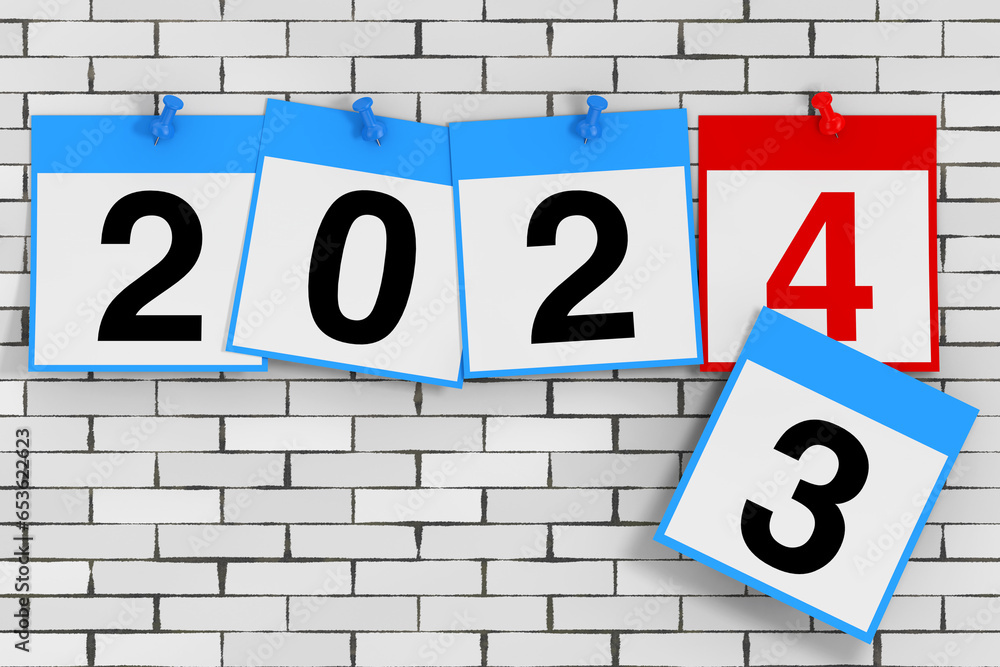 Poster New 2024 Year Start Concept. Calendar Sheets with 2024 New Year Sign. 3d Rendering