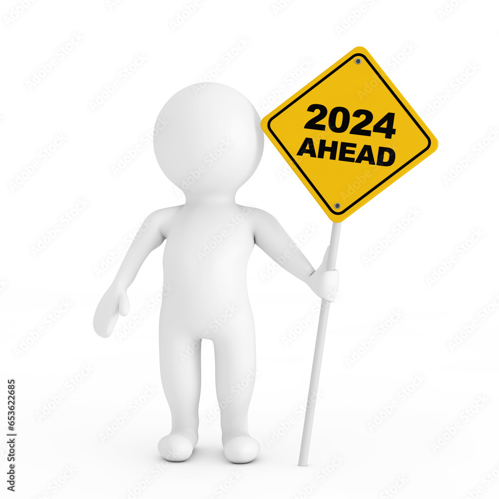 Poster 3d person with 2024 ahead traffic sign. 3d rendering