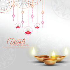 Happy Diwali - festival of lights colorful background with decorative diya lamp and rangoli.