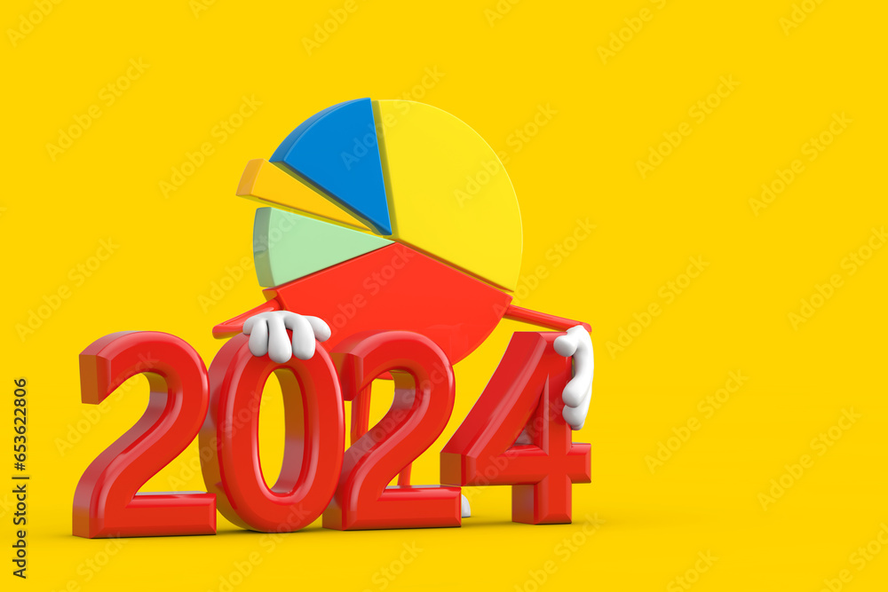 Poster info graphics business pie chart character person with red 2024 new year sign. 3d rendering