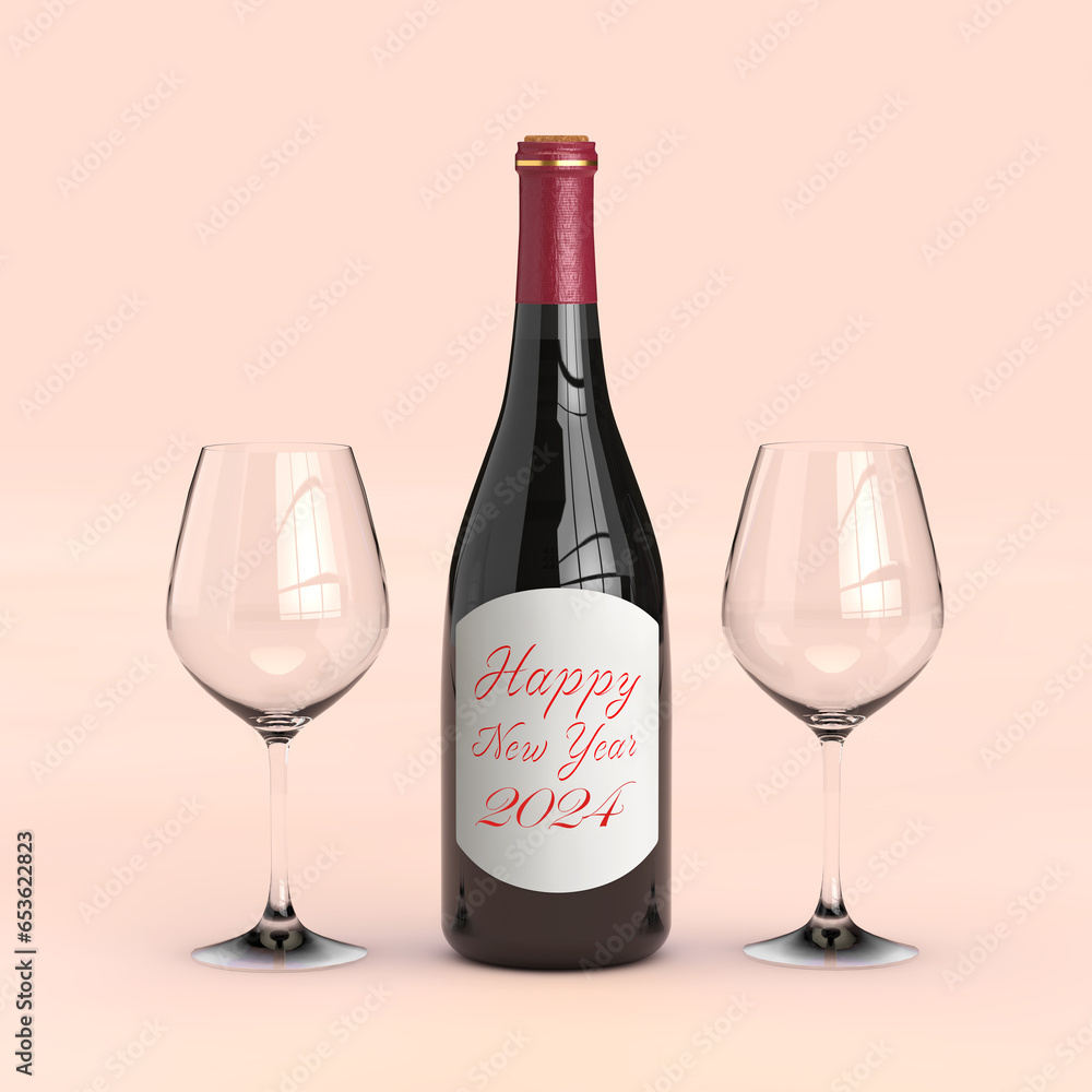 Poster two wine glasses and red wine bottle with happy new year 2024 sign. 3d rendering
