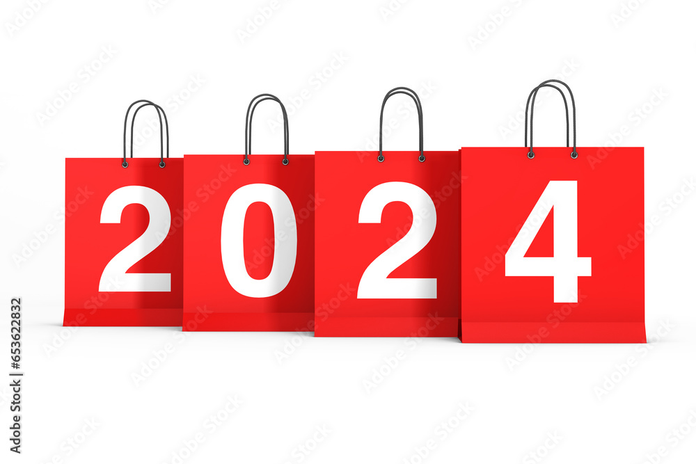 Poster shopping bags with 2024 new year sign. 3d rendering