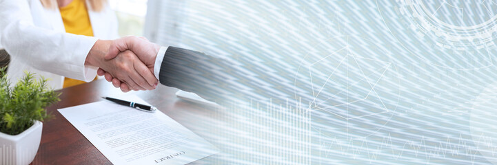 Hanshake of business people (lorem ipsum text used); panoramic banner