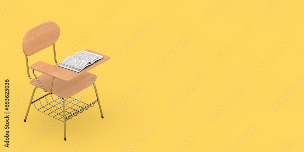 Poster opened book over wooden lecture school or college desk table with chair. 3d rendering