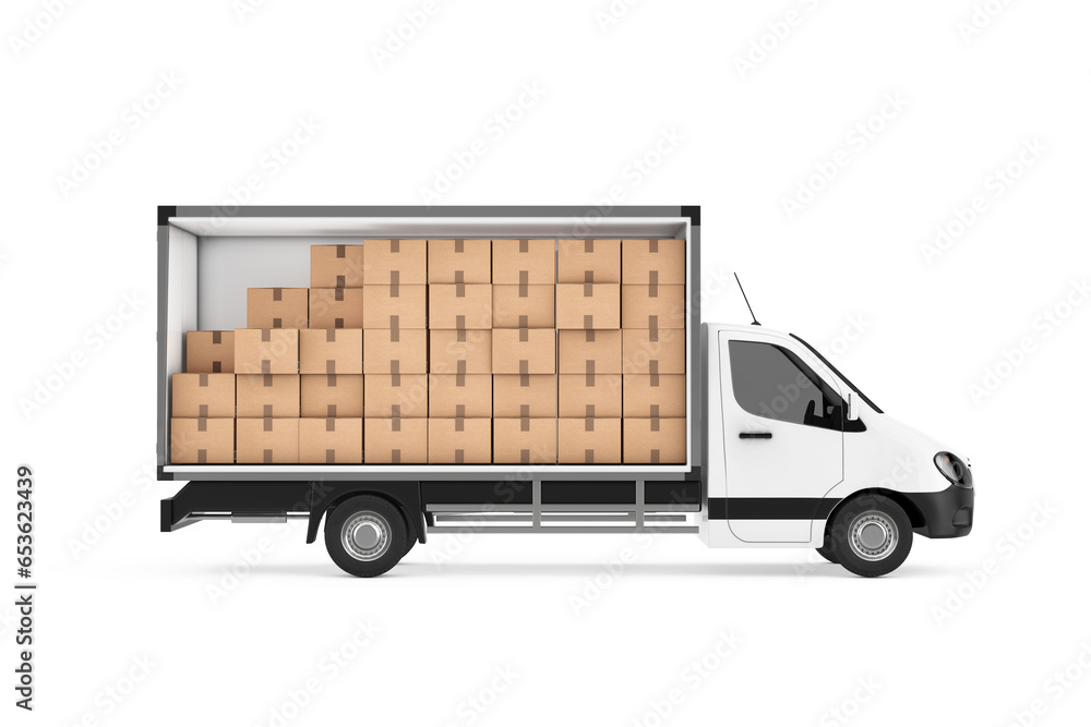 Poster stack of many cardboard boxes parcels in freight compartment of cargo van minibus. 3d rendering