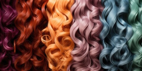 Hair texture background, set of bright hair colors. Samples of dyes for colored hair. Generative AI - obrazy, fototapety, plakaty