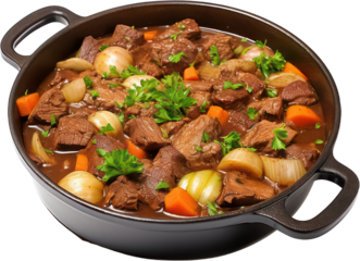 Delicious Tasty Beef meat and vegetables stew in pot, potatoes, carrots, PNG, Transparent, isolate.