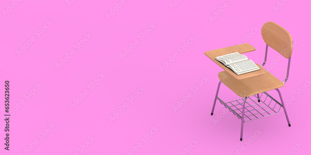 Poster opened book over wooden lecture school or college desk table with chair. 3d rendering