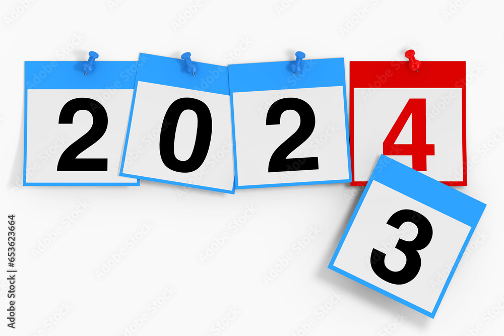 Aufkleber New 2024 Year Start Concept. Calendar Sheets with 2024 New Year Sign. 3d Rendering