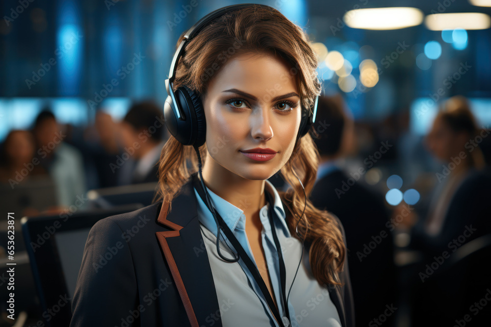 Poster a busy call center with customer service representatives assisting clients. generative ai.