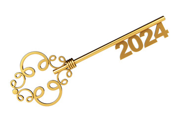 Golden Vintage Key with 2024 year Sign. 3d Rendering