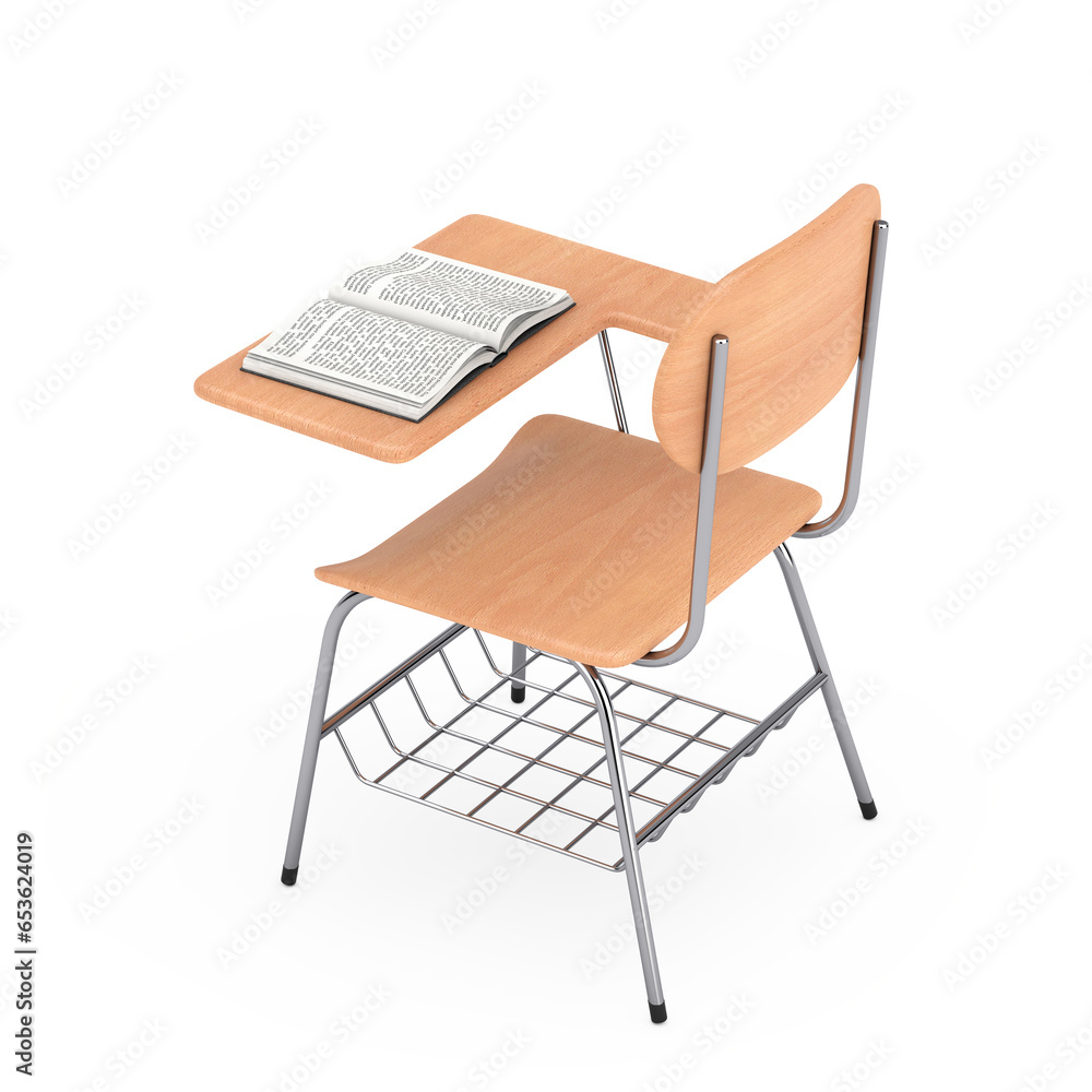 Poster opened book over wooden lecture school or college desk table with chair. 3d rendering