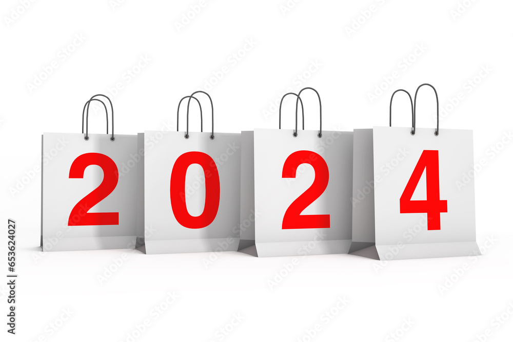Poster shopping bags with 2024 new year sign. 3d rendering