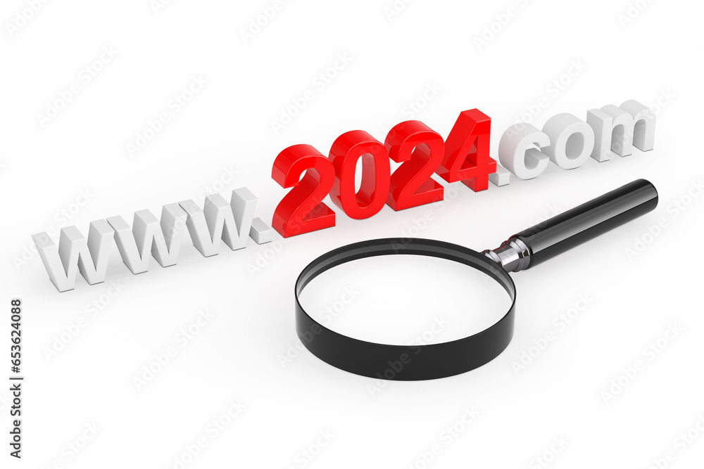 Poster 2024 New Year Concept. WWW 2024 Com Site Name with Magnifying Glass. 3d Rendering