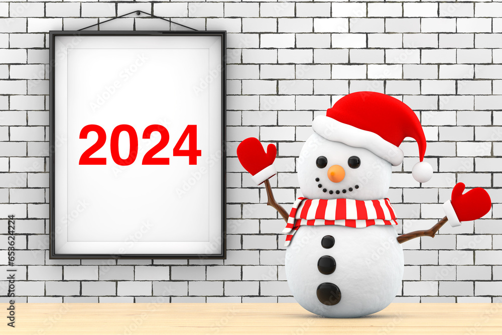Aufkleber Snowman in front of Brick Wall with Frame 2024 Sign. 3d Rendering