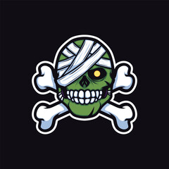 Mascot Logo of Green Zombie Head Wrapped in Bandage with Crossed Bones