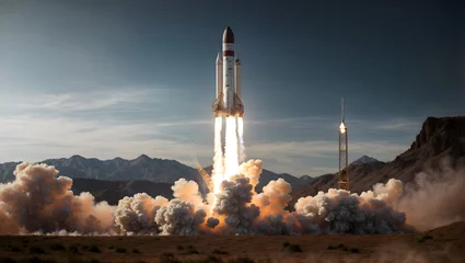 Fototapete Nasa Rocket taking off, Missile start, smoke - space journey