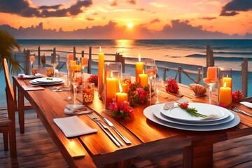  Amazing dinner on the beach on beautiful colourful wooden deck with candles under sunset sky.  luxury destination dinning, exotic table setup with sea view  - obrazy, fototapety, plakaty
