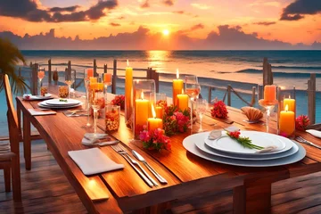Foto op Canvas  Amazing dinner on the beach on beautiful colourful wooden deck with candles under sunset sky.  luxury destination dinning, exotic table setup with sea view  © Malaika