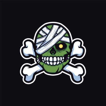 Mascot Logo of Green Zombie Head Wrapped in Bandage with Crossed Bones