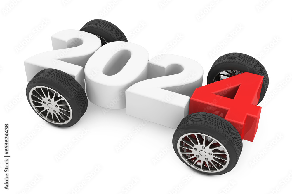 Aufkleber 2024 year concept with car wheels. 3d rendering
