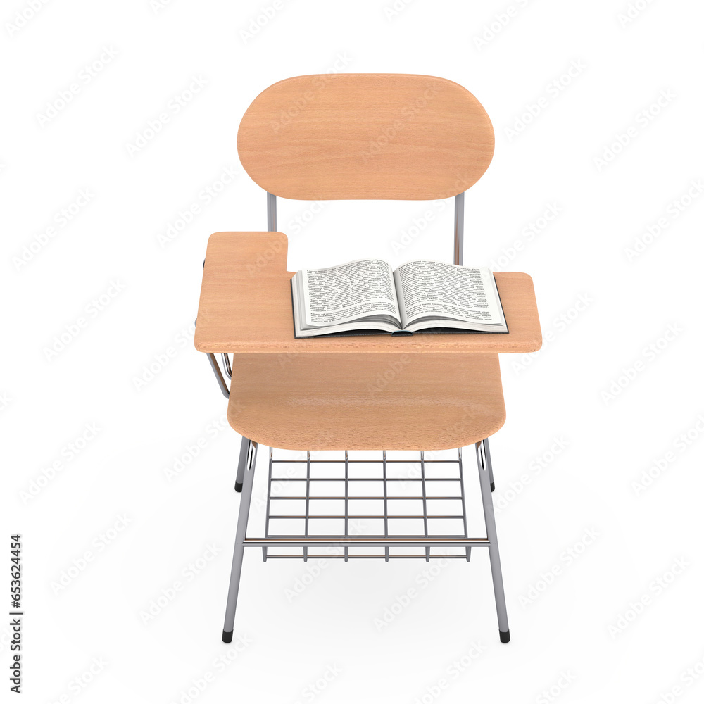 Poster opened book over wooden lecture school or college desk table with chair. 3d rendering