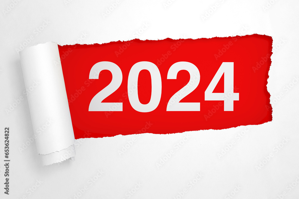Poster 2024 new year sign in the hole of torn white paper. 3d rendering