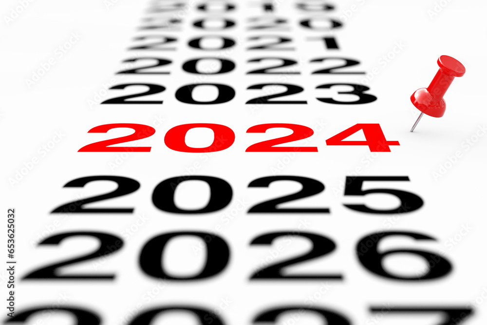 Poster new 2024 year sign with red pin marker. 3d rendering