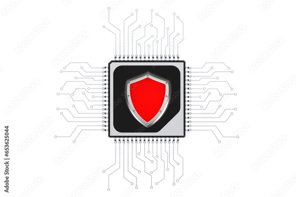 Poster Microchip CPU Processor with Circuit and Red Protection Safety Shield. 3d Rendering