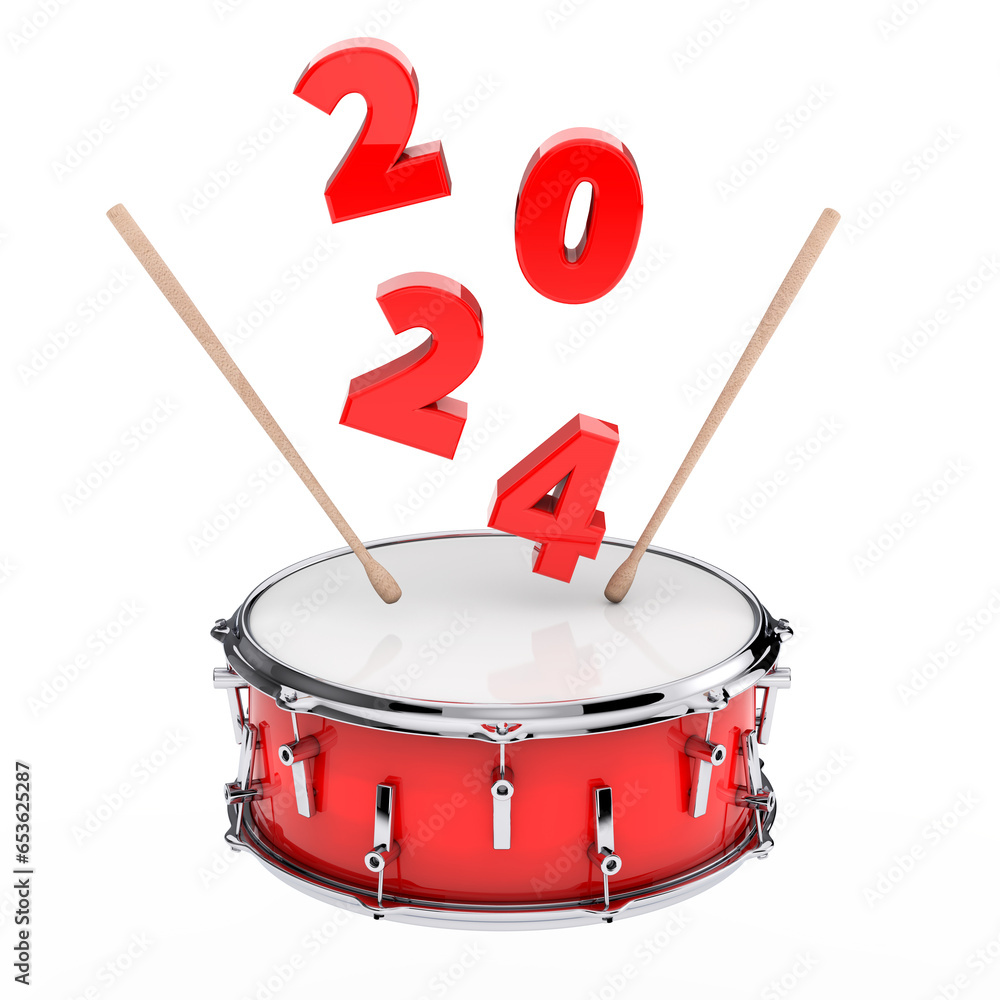 Poster red snare drum with pair of drum sticks and 2024 new year sign. 3d rendering