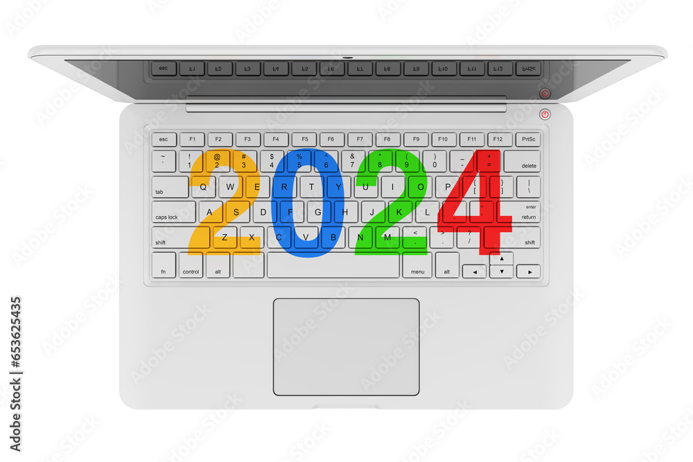 Poster white laptop with 2024 new year sign. 3d rendering