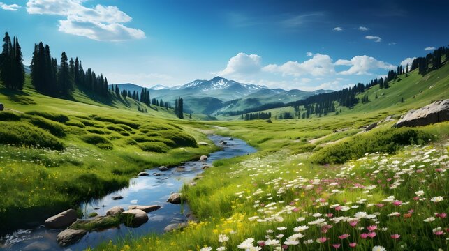 Rolling green meadows that stretch as far as the eye can see. This expansive landscape picture of serene beauty. Generative Ai