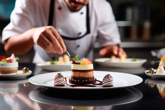 a pastry chef carefully plating a dessert masterpiece. AI generative.