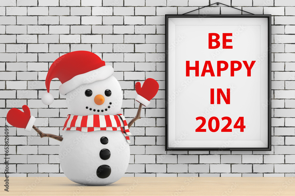 Aufkleber Snowman in front of Brick Wall with Frame Be Happy In 2024 Sign. 3d Rendering